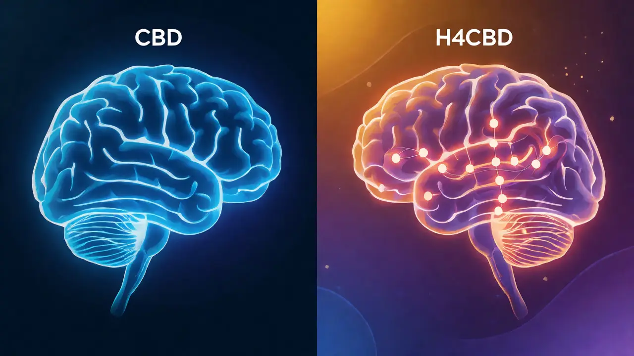 Konceptuální ilustrace rozdílu mezi klidným účinkem CBD a mírnou euforií H4CBD