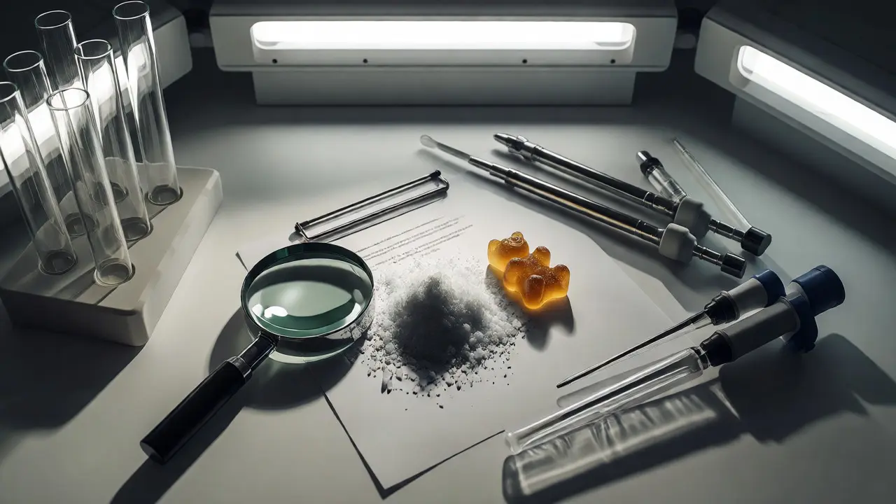 Laboratorní stůl se vzorky kanabinoidů