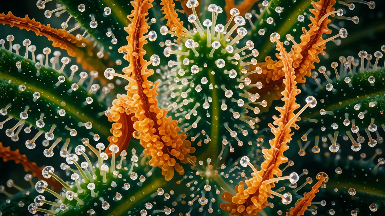 Makrofotografie mikroskopické struktury konopí s lesklými trichomy a oranžovými pestiky.