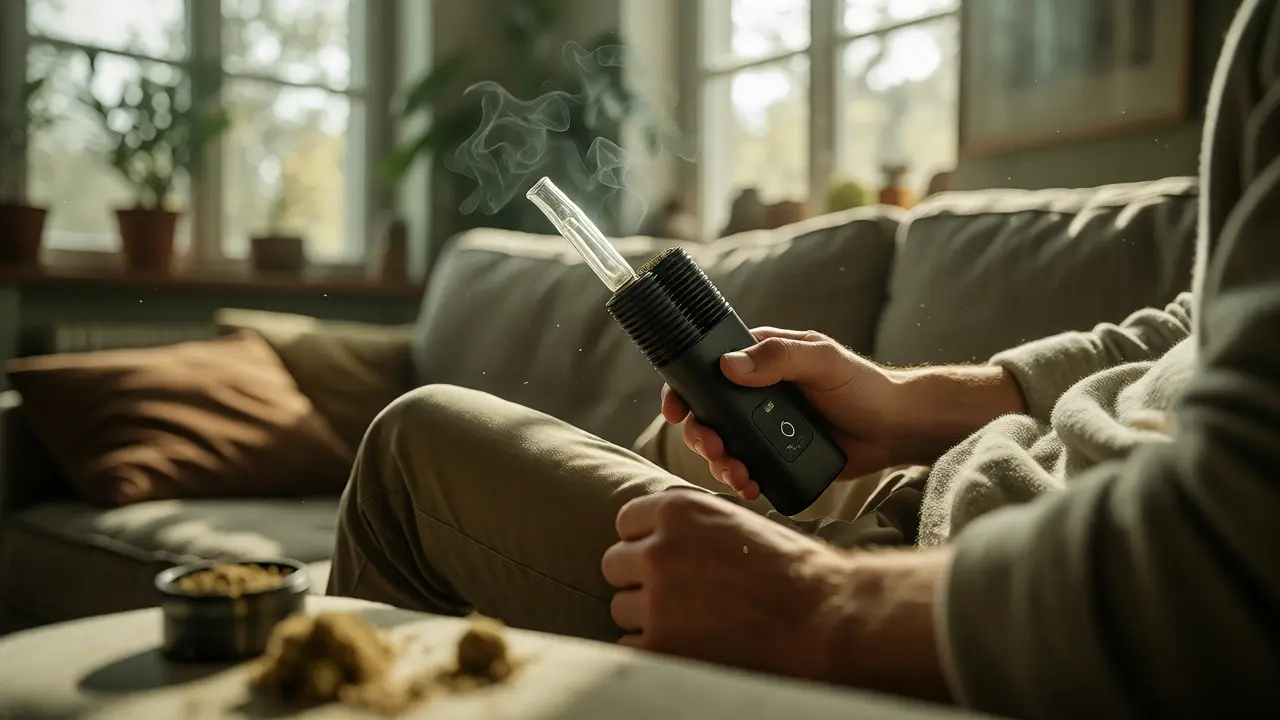 Osoba používající vaporizér v pohodlném domovském prostředí