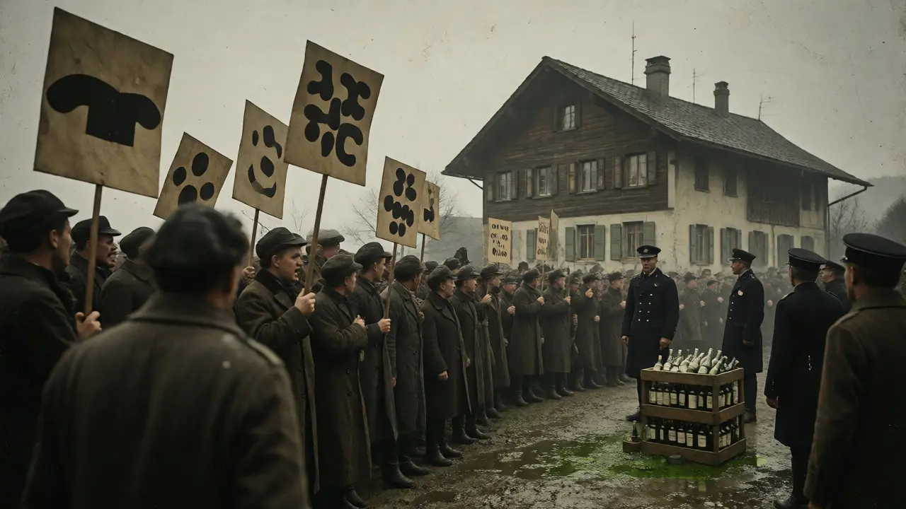 Protestní dav před švýcarským domem v roce 1905