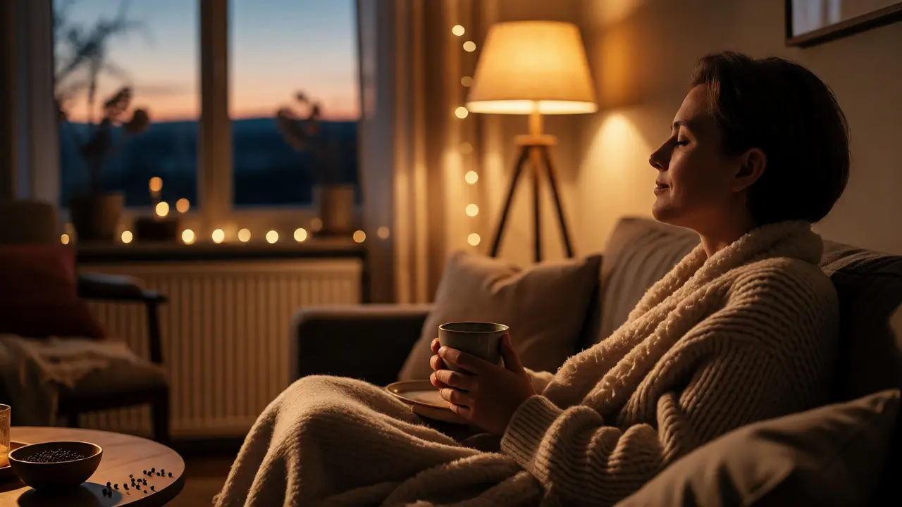 Relaxovaná osoba na gauči v teplém večerním osvětlení