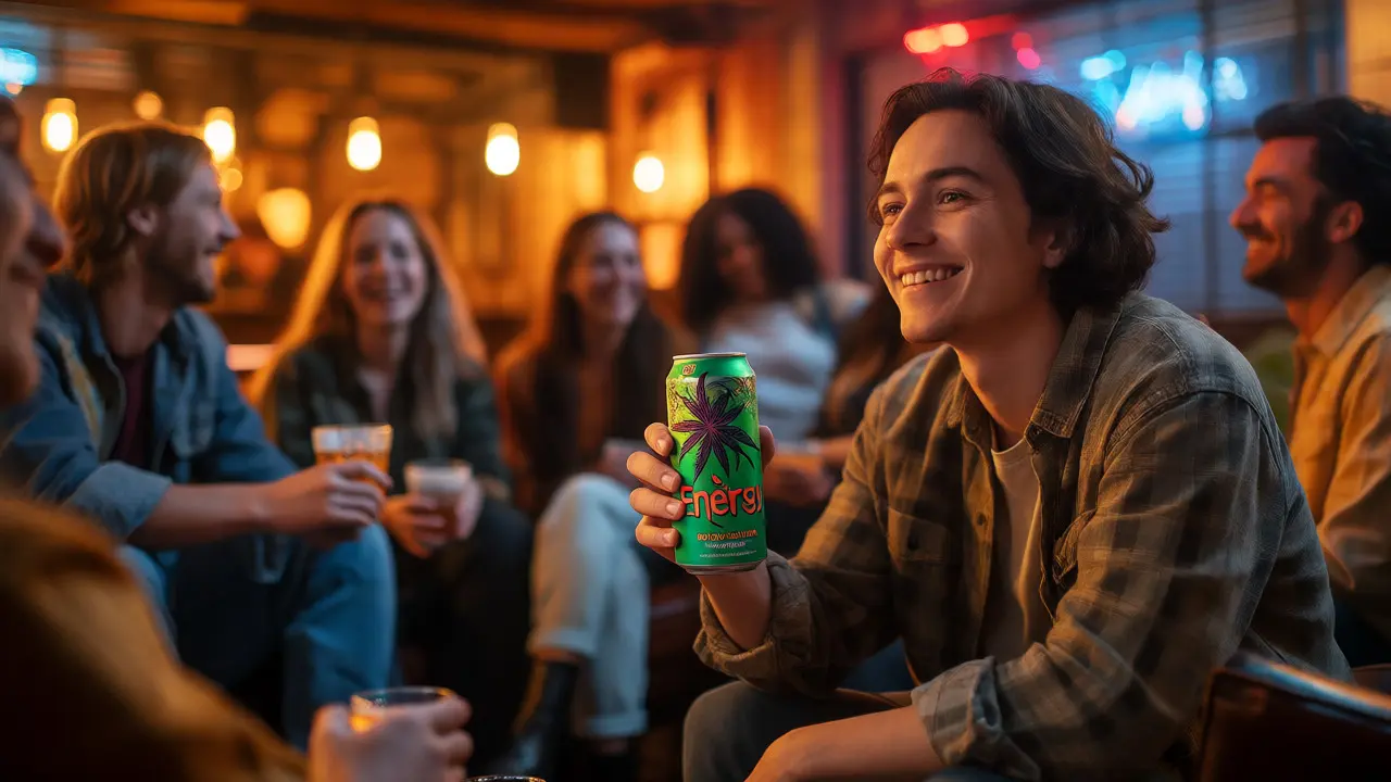 Skupina přátel v baru, jeden drží konopný nápoj místo alkoholu