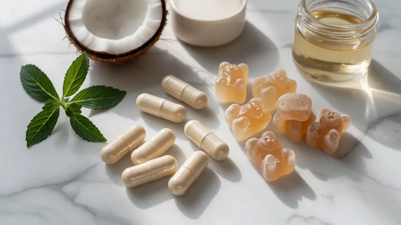 Veganské kapsle a želé bonbony obklopené rostlinnými ingrediencemi na mramoru