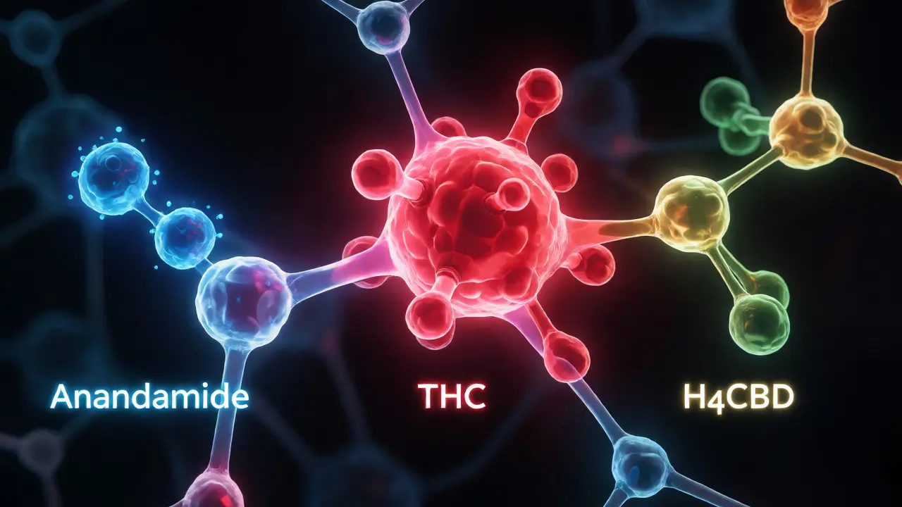 Vizualizace molekul anandamidu, THC a H4CBD na receptorech