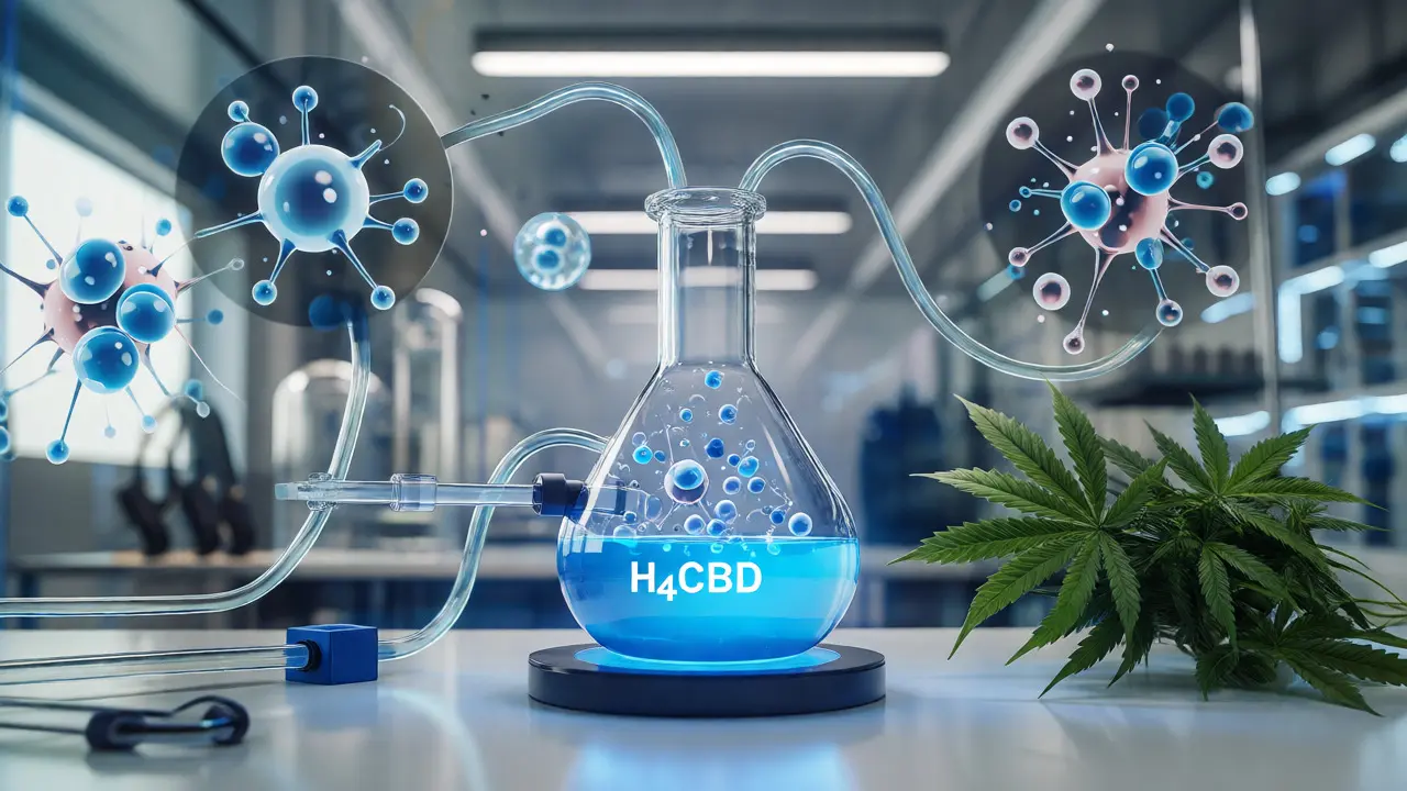 Vizuální znázornění laboratorní výroby H4CBD z konopí