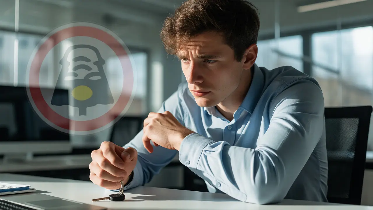 Zaměstnanec v kanceláři vypadá úzkostlivě vedle klíčů od auta.